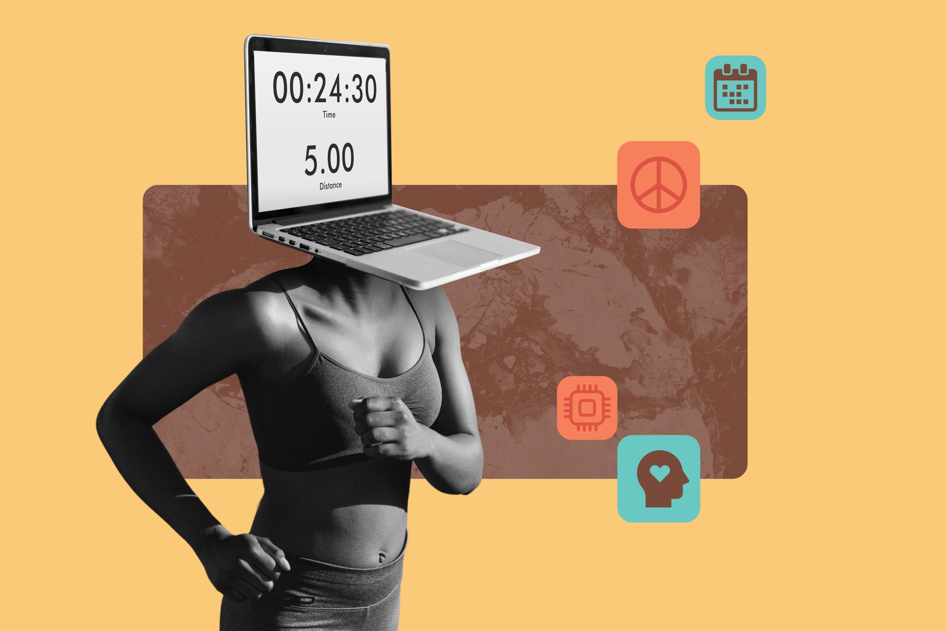 Woman runner with a laptop head showing workout stats. Run tracking app to measure distance and time