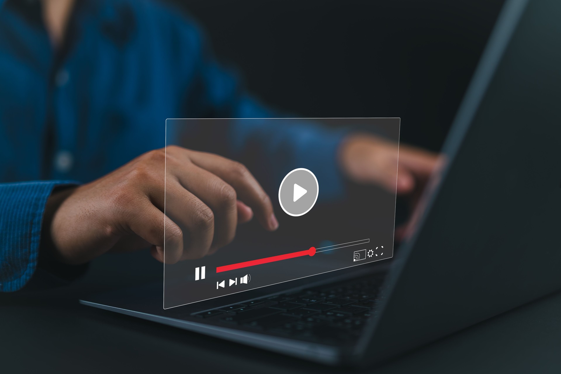 Video marketing concept. Woman playing video content online streaming, running short clip on laptop computer. Marketing technology and advertising for online business, internet network