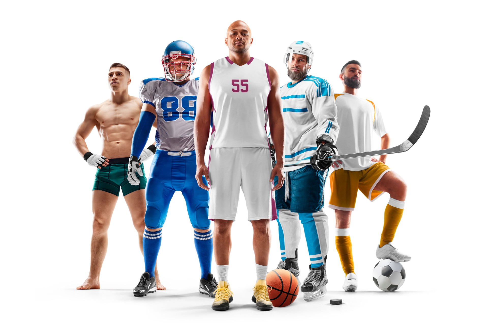 Sport collage. Basketball, american football, hockey, MMA, soccer. Professional athletes. Isolated in white