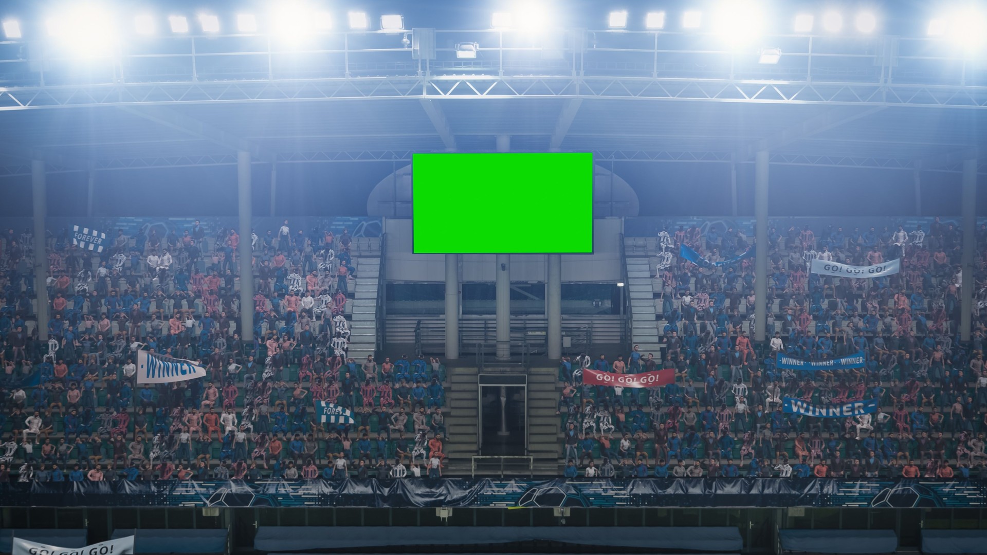 Stadium Championship Match: Scoreboard Green Chroma Key Screen. Crowd of Fans Cheering, Having Fun. Sport Channel Television Advertising Mock-Up. Content for Digital Devices Display Concept. Wide Shot